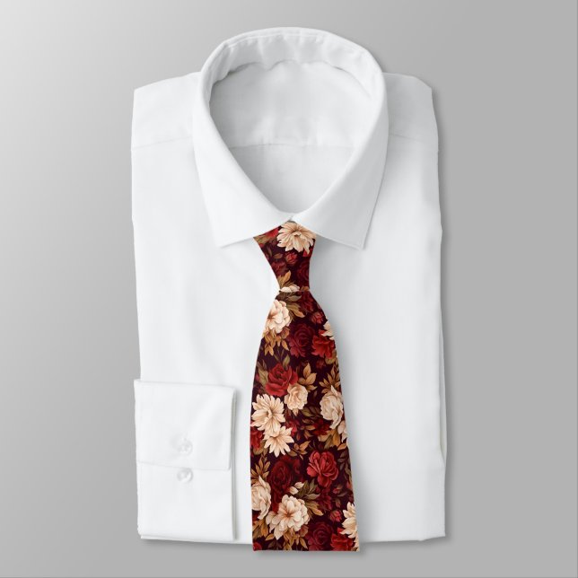 Bohemian burgundy beige flowers neck tie (Tied)