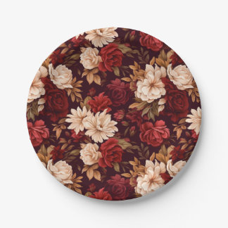 Bohemian burgundy beige flowers paper plates