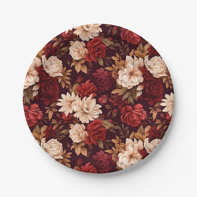Bohemian burgundy beige flowers paper plates (Front)