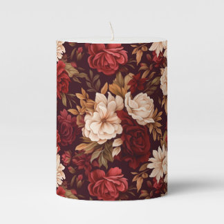 Bohemian burgundy beige flowers pillar candle