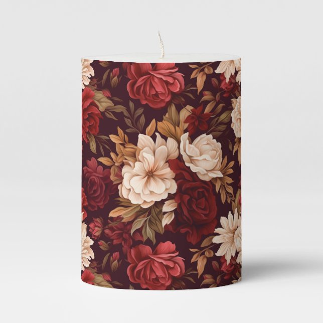 Bohemian burgundy beige flowers pillar candle (Front)