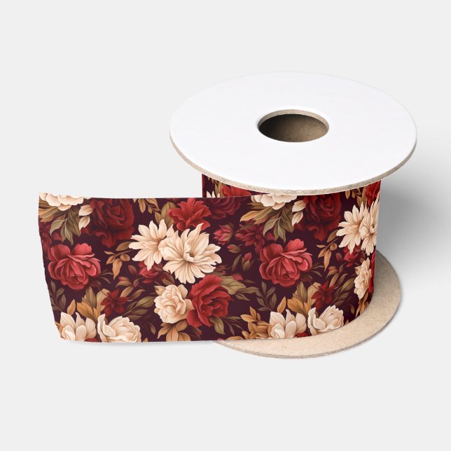 Bohemian burgundy beige flowers satin ribbon (Spool)