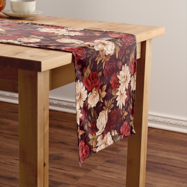 Bohemian burgundy beige flowers short table runner (In Situ)