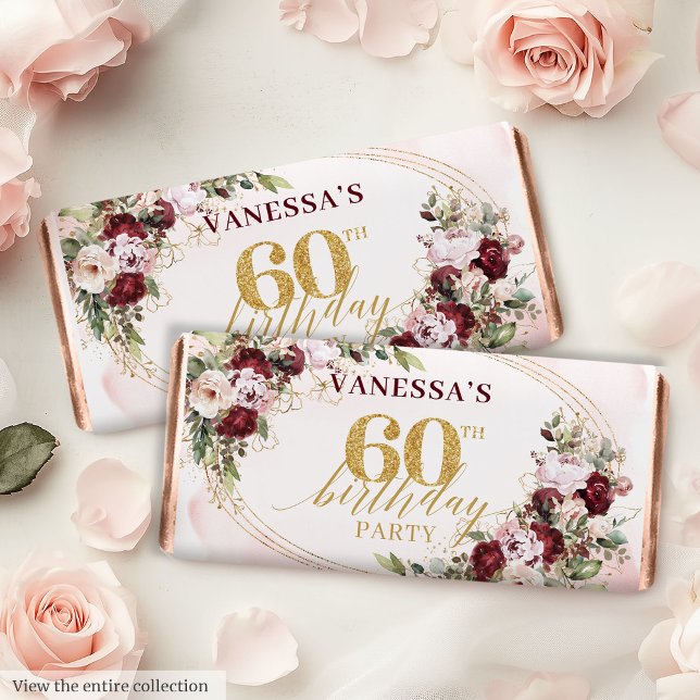 Bohemian Burgundy Blush Gold Roses 60th Birthday  Hershey's Miniatures (Bohemian Burgundy Blush Gold Roses 60th Birthday Hershey's Miniatures)