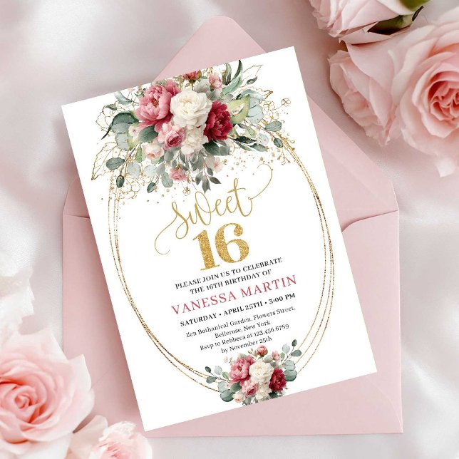 Bohemian Burgundy Blush Greenery Sweet 16 Invites (Bohemian Burgundy Blush Greenery Sweet 16 Invitation)