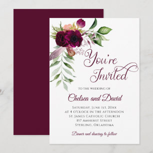 Bohemian Burgundy Feather Wedding   Announcement