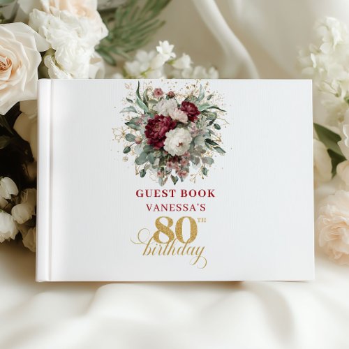 Bohemian Burgundy Floral 80th Birthday Guest Book