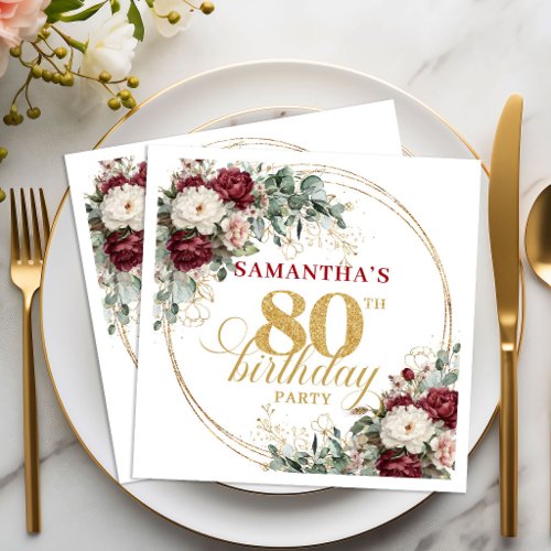 Bohemian Burgundy Floral 80th Birthday Napkins