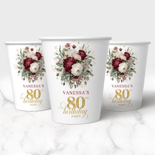 Bohemian Burgundy Floral 80th Birthday Paper Cups