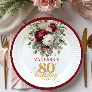 Bohemian Burgundy Floral Gold 80th Birthday Paper  Plates