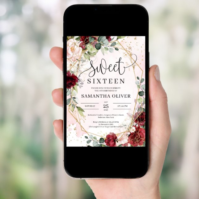 Bohemian burgundy floral gold geometric sweet 16 invitation (Front Digital)