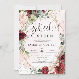 Bohemian burgundy floral gold geometric sweet 16 invitation