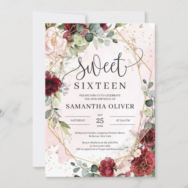Bohemian burgundy floral gold geometric sweet 16 invitation (Front)