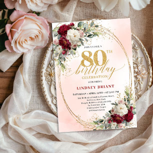 Bohemian Burgundy Floral Milestone 80th Birthday  Invitation