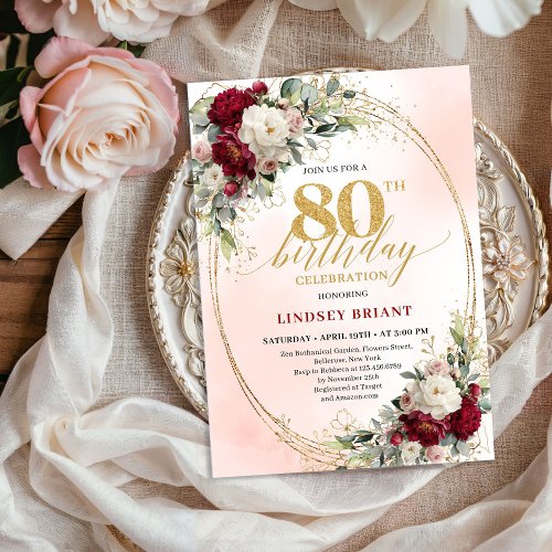 Bohemian Burgundy Floral Milestone 80th Birthday 