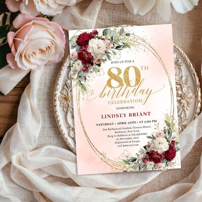 Bohemian Burgundy Floral Milestone 80th Birthday  Invitation (Bohemian Burgundy Floral Milestone 80th Birthday Invite)