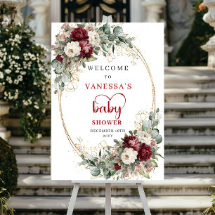 Bohemian Burgundy Gold Floral Baby Shower Welcome Poster