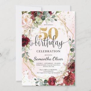 Bohemian burgundy gold glitter 50th birthday invitation
