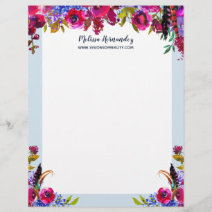 Bohemian Burgundy Light Blue Floral Modern Trendy Letterhead
