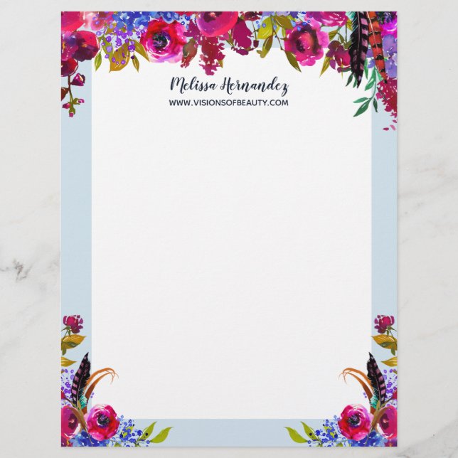 Bohemian Burgundy Light Blue  Floral Modern Trendy Letterhead (Front)