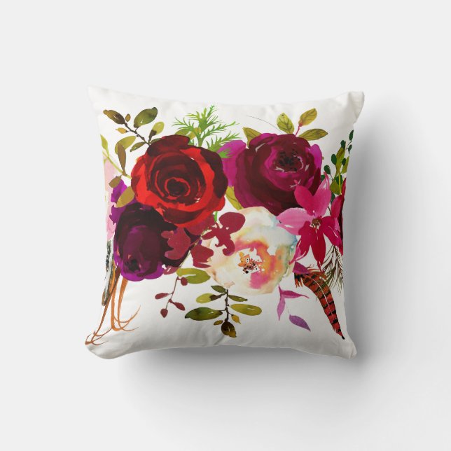 Bohemian Burgundy Marsala Red White Pink Floral Throw Pillow (Front)