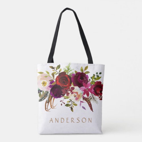 Bohemian Burgundy Marsala Watercolor Floral Tote Bag