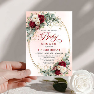 Bohemian Burgundy Peony Floral Baby Shower Invite