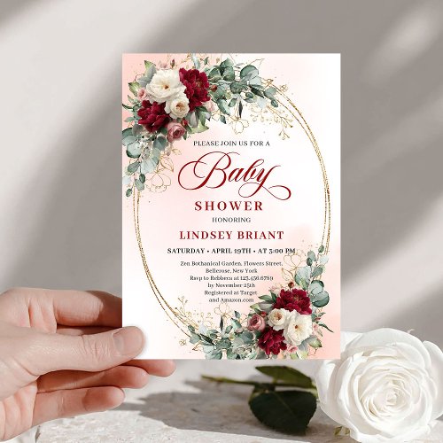Bohemian Burgundy Peony Floral Baby Shower Invite