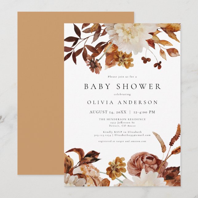 Bohemian Burnt Orange Fall Floral Baby Shower Invitation (Front/Back)