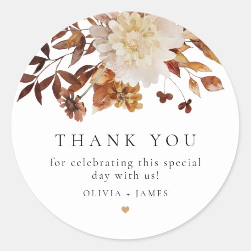 Bohemian burnt Orange Fall Floral Favor Classic Round Sticker