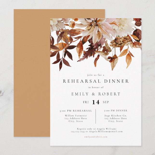 Bohemian Burnt Orange Fall Floral Rehearsal Dinner Invitation (Front/Back)