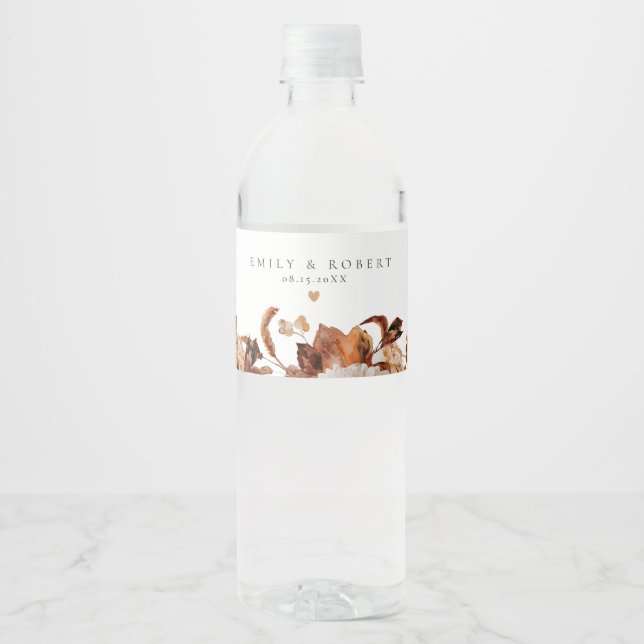 Bohemian Burnt Orange Fall Floral Wedding Water Bottle Label (Front)