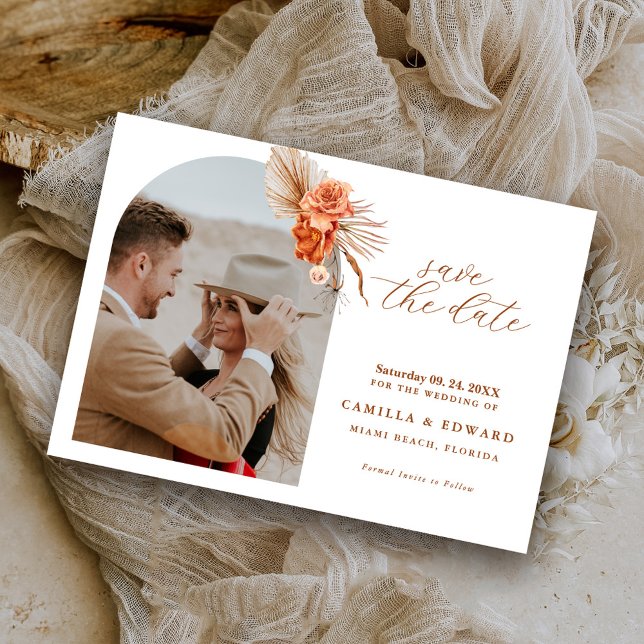 Bohemian Burnt-Orange Floral Rustic Wedding Save The Date (Creator Uploaded)