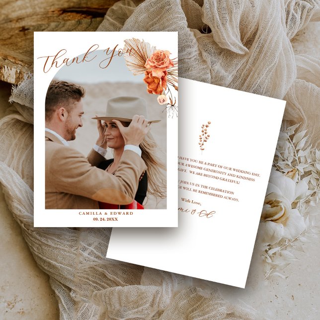 Bohemian Burnt-Orange Floral Rustic Wedding Thank You Card (Creator Uploaded)