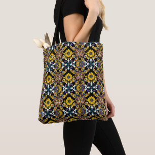 Bohemian butterfly and sunflower pattern on black tote bag