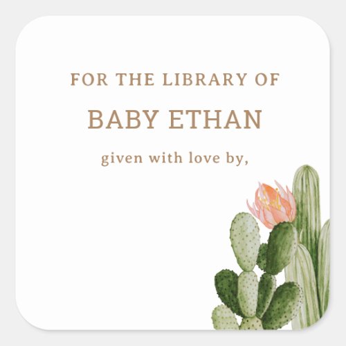 Bohemian Cactus Baby Shower Book Library Square Sticker