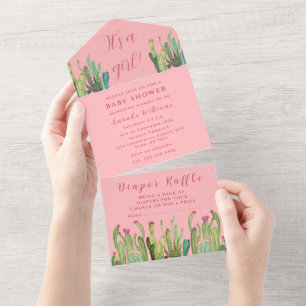 Bohemian Cactus Desert Baby Shower Girl Pink All In One Invitation