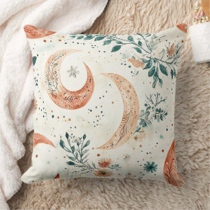 Bohemian Celestial Crescent Moon Botanical Throw Pillow