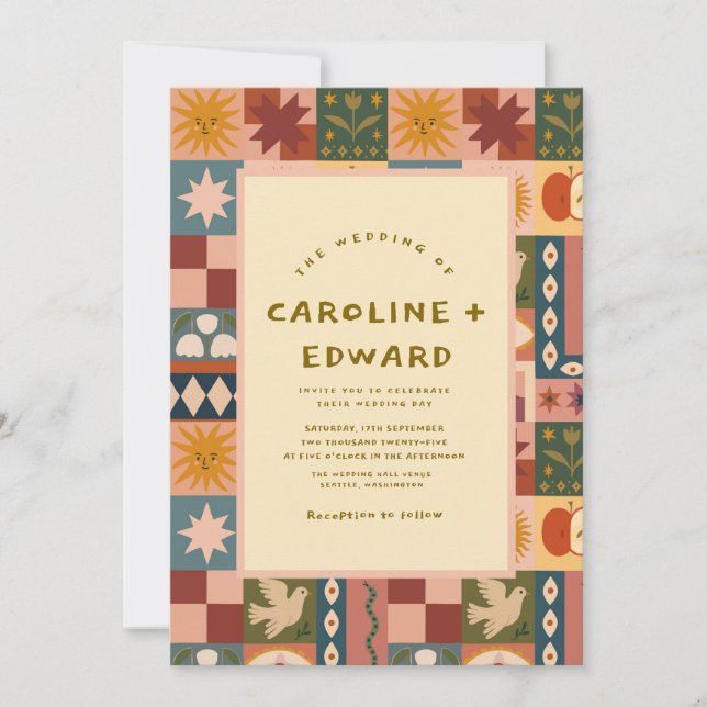Bohemian Celestial Patchwork Wedding Invitation (Front)