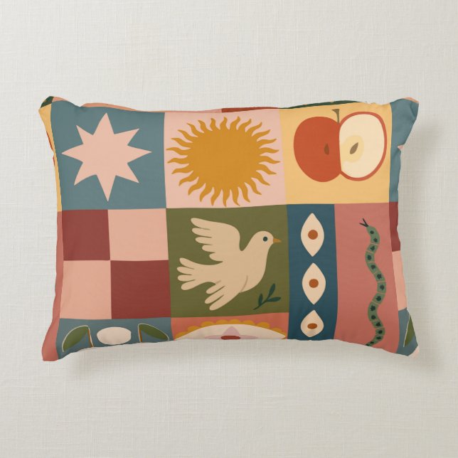 Bohemian Celestial Patchwork with Mystical Symbols Accent Pillow (Front)