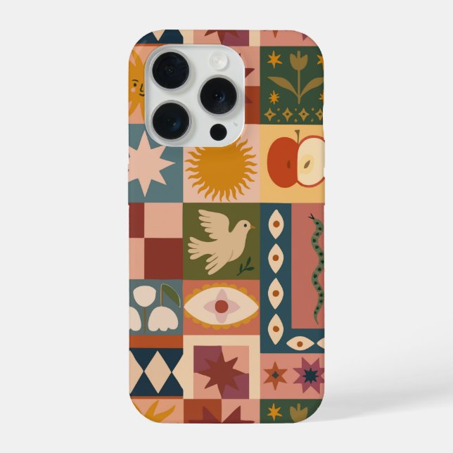 Bohemian Celestial Patchwork with Mystical Symbols iPhone Case (Back)