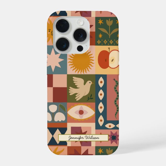 Bohemian Celestial Patchwork with Mystical Symbols iPhone Case (Back)
