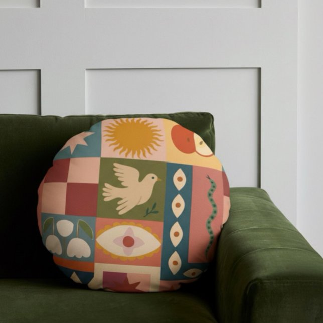 Bohemian Celestial Patchwork with Mystical Symbols Round Pillow (Creator Uploaded)