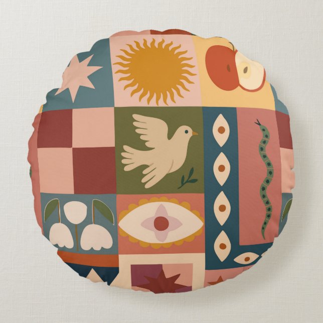 Bohemian Celestial Patchwork with Mystical Symbols Round Pillow (Front)
