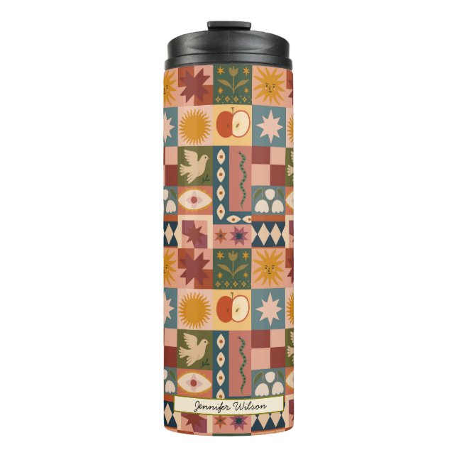 Bohemian Celestial Patchwork with Mystical Symbols Thermal Tumbler (Front)
