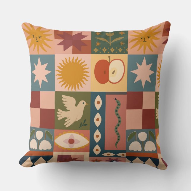 Bohemian Celestial Patchwork with Mystical Symbols Throw Pillow (Front)