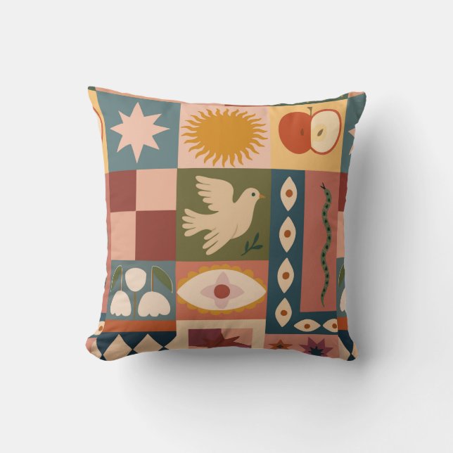 Bohemian Celestial Patchwork with Mystical Symbols Throw Pillow (Front)