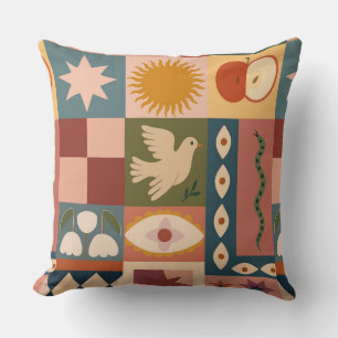 Bohemian Celestial Patchwork with Mystical Symbols Throw Pillow
