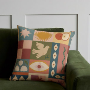 Bohemian Celestial Patchwork with Mystical Symbols Throw Pillow