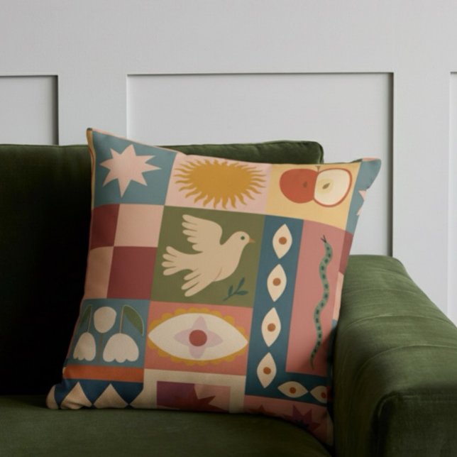 Bohemian Celestial Patchwork with Mystical Symbols Throw Pillow (Creator Uploaded)